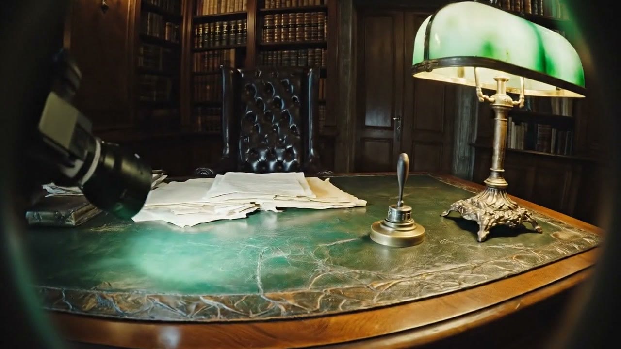 Lo studio della villa nella luce della torcia: la scrivania di cuoio verde, la lampada, le carte