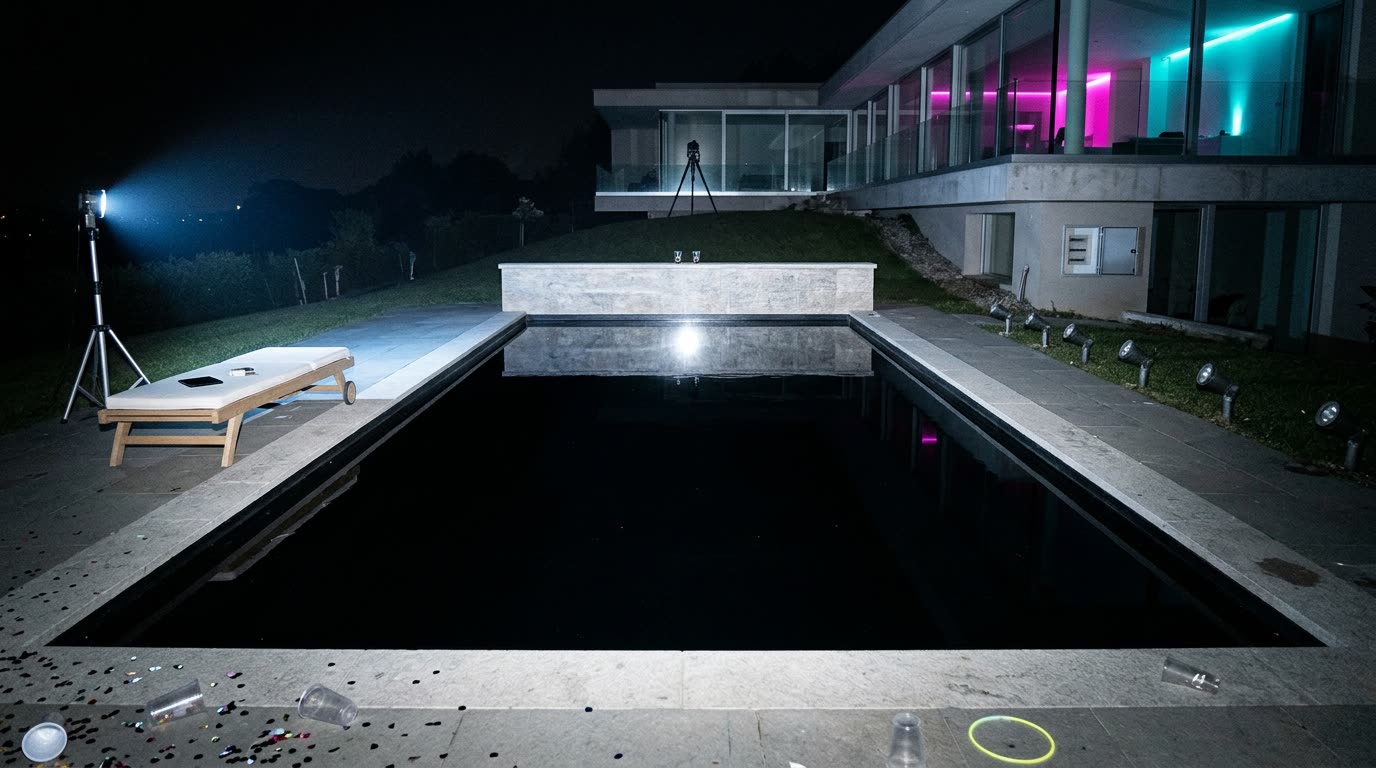La piscina di una villa di notte, con l'acqua nera e le luci spente